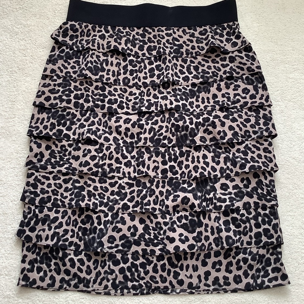 EUC Alfani Leopard Print Ruffle Skirt Tiered Elastic Waist Zipper 10